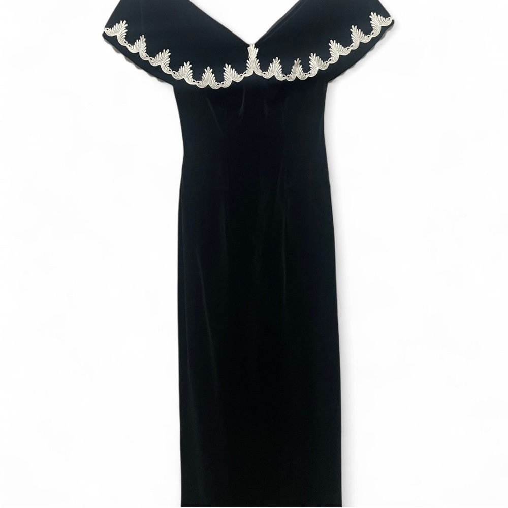 Vintage 80's Black Velvet Off-The-Shoulder Evening Dress - Picture 1 of 8